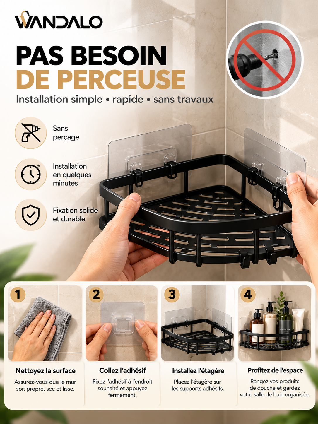Organisateur de Douche 3 Pièces – Sans Perçage & Anti-Rouille