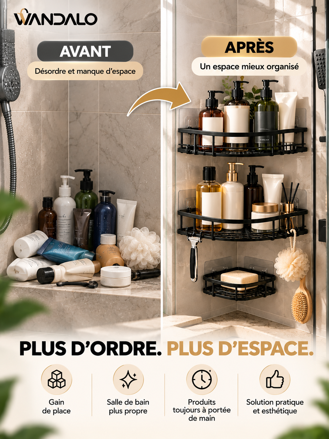 Organisateur de Douche 3 Pièces – Sans Perçage & Anti-Rouille